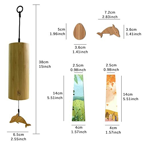 Bamboo wind chime with dolphin and leaf designs, showing dimensions.