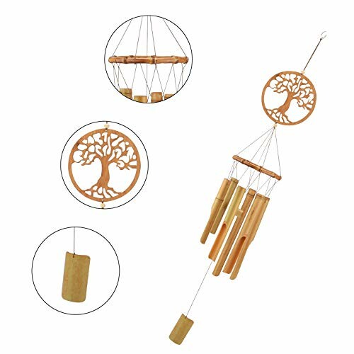 Bamboo wind chime with tree design and cylindrical tubes.