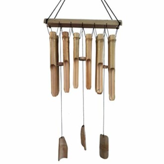 Bamboo wind chime with hanging tubes and clappers.