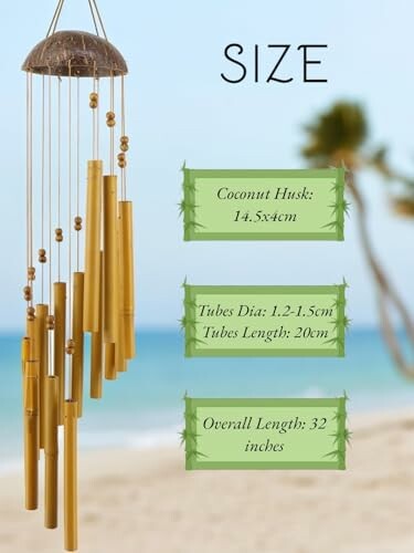 Bamboo wind chimes hanging on a beach with size details.