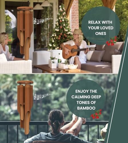 Two scenes with bamboo wind chimes: relaxing with loved ones and enjoying calming tones.