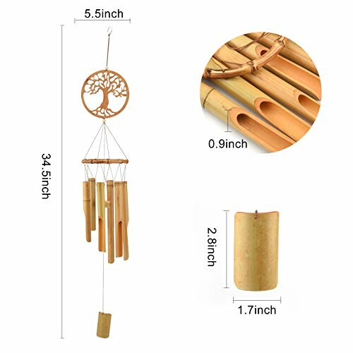 Bamboo wind chimes with tree design and dimensions.