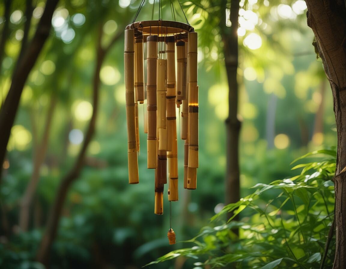 Bamboo wind chimes in garden