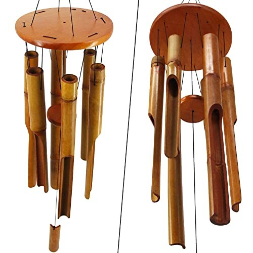 Bamboo wind chimes with wooden top and hanging tubes.