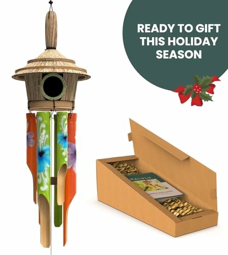 Birdhouse wind chime with gift box, ready for holiday season.