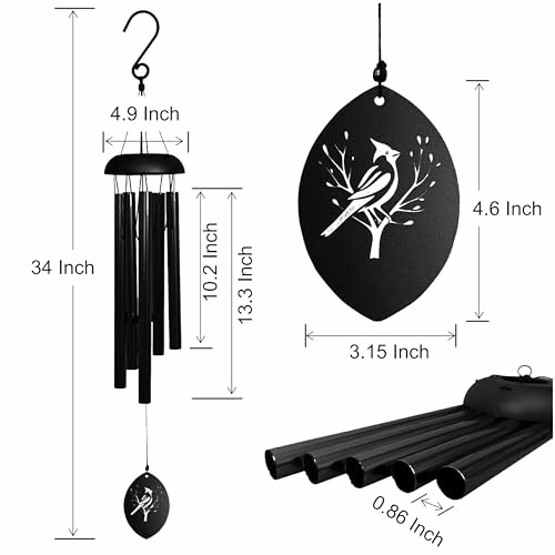 Black wind chime with cardinal design and dimensions.