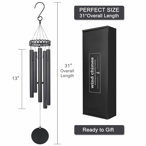 Black wind chimes with a 31-inch length next to a gift box.