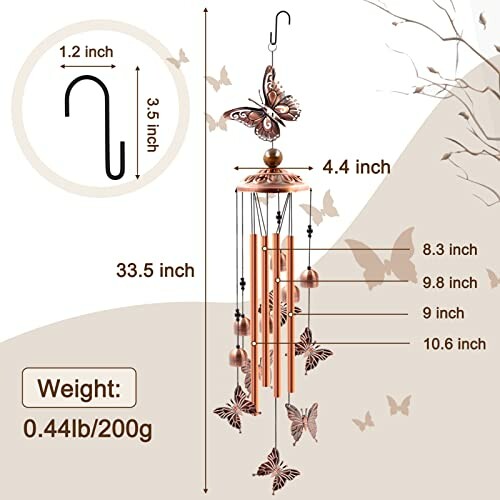 Butterfly wind chime with dimensions and weight details.