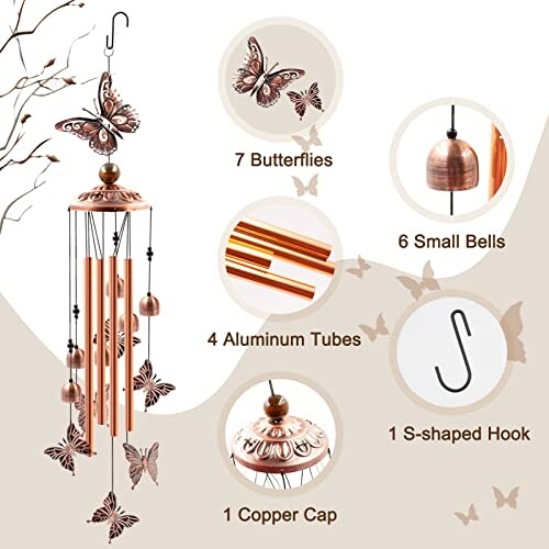 Butterfly wind chime set with components and features labeled.