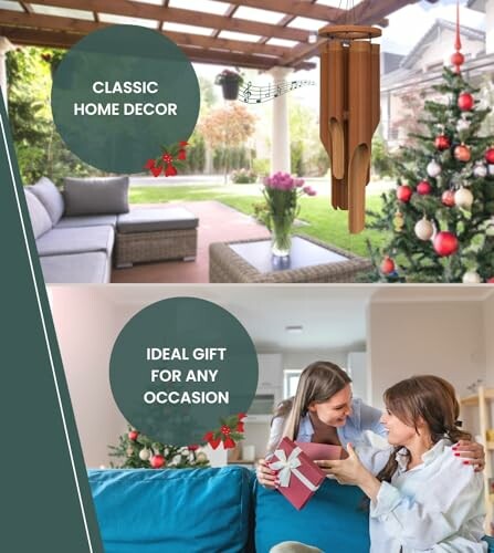 Outdoor and indoor scenes with home decor and gift-giving.