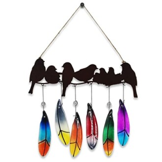 Colorful feather wall hanging with bird silhouettes