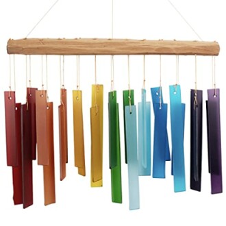 Colorful glass wind chime with wooden top and hanging multicolored glass pieces.