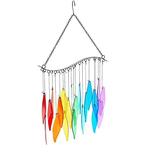 Colorful glass wind chime with rainbow leaves on a metal frame.