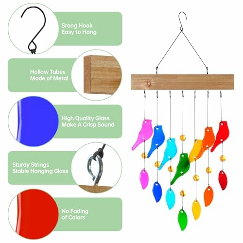 Colorful glass wind chime with wooden top and bird-shaped pieces.