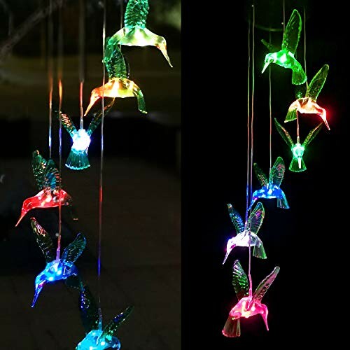Colorful LED hummingbird wind chime lights glowing in the dark