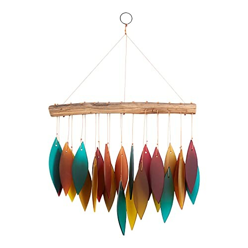 Colorful leaf-shaped wind chime with wooden branch