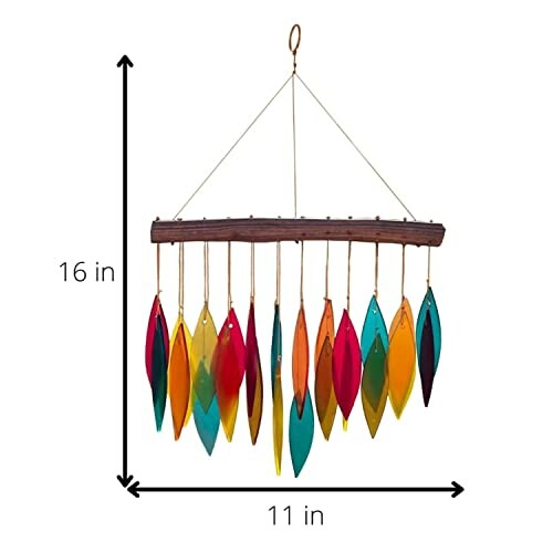 Colorful leaf wind chime with dimensions 16x11 inches.