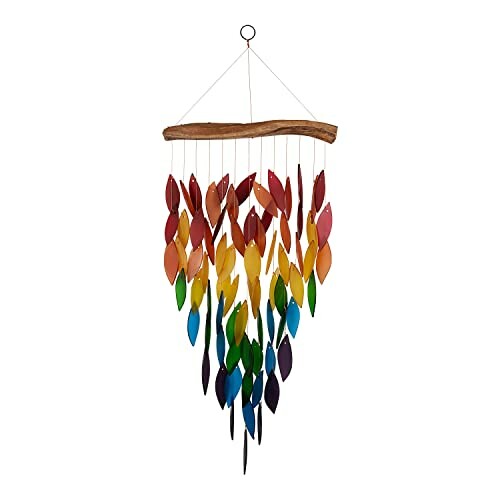 Multicolored leaf wind chime hanging from wood