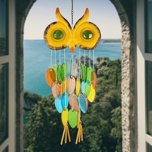 Colorful owl-shaped wind chime hanging in front of a sea view.