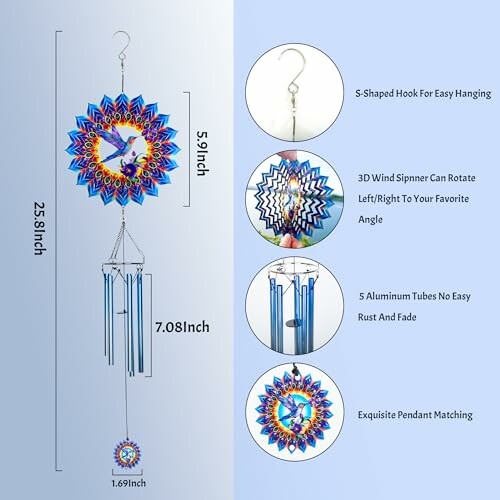 Colorful wind chime with spinner and aluminum tubes.