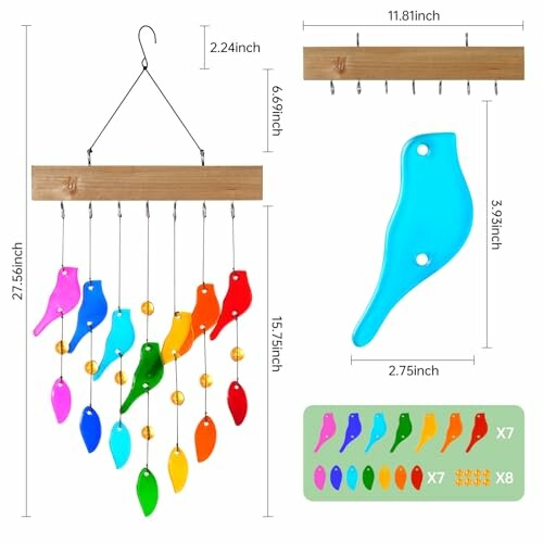 Colorful bird-shaped wind chime with dimensions and parts.