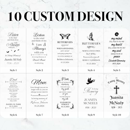 10 custom design styles for memorial text and graphics.