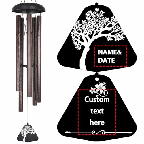 Custom wind chimes with tree design and customizable text areas.