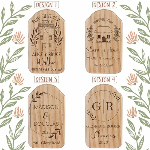 Four custom wooden plaques with different designs and engravings.