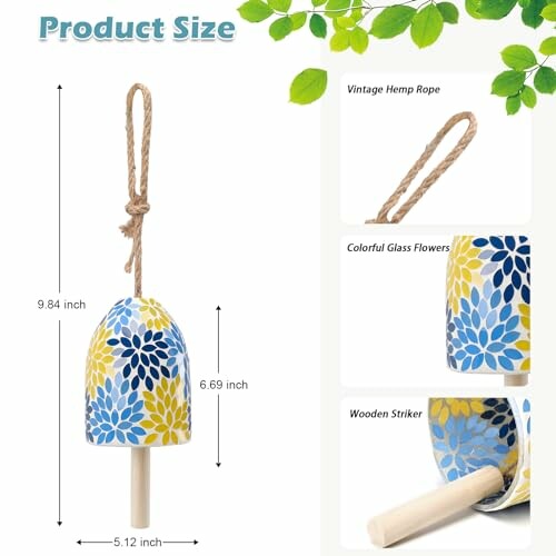 Decorative wind chime dimensions and features.