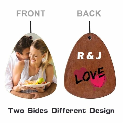 Double-sided ornament with couple photo on front and R&J love design on back.