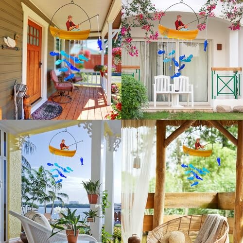 Fisherman-themed wind chime on various porches.