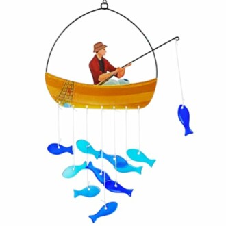 Wind chime with fisherman in boat and blue fish.