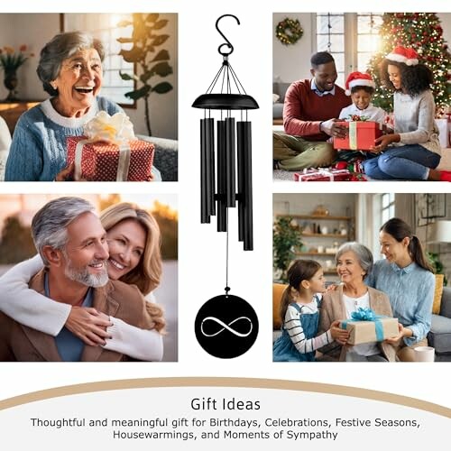 Collage of joyful family moments with gift-giving and wind chime.