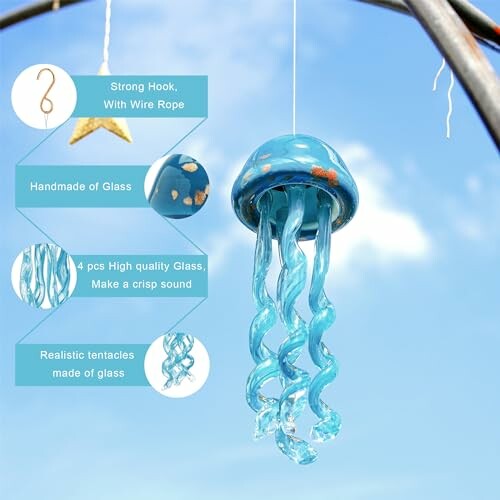 Glass jellyfish wind chime with blue tentacles and descriptive features.