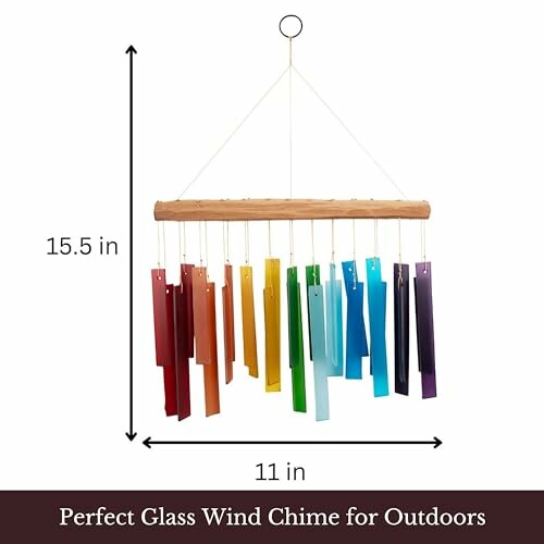 Colorful glass wind chime with dimensions.