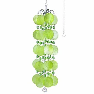 Green capiz shell wind chime with hanging chain.