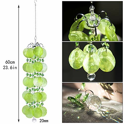 Green capiz shell wind chime with crystal details.