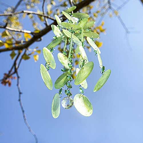 Green wind chime hanging from a tree branch against a blue sky.