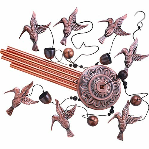 Copper hummingbird wind chime with decorative elements.