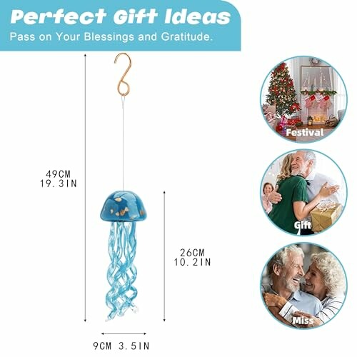 Jellyfish wind chime with gift suggestions and dimensions.