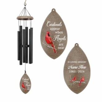 Memorial wind chime with cardinal design and inscriptions.