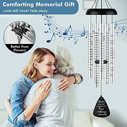 Two women hugging with memorial wind chimes and musical notes in background.