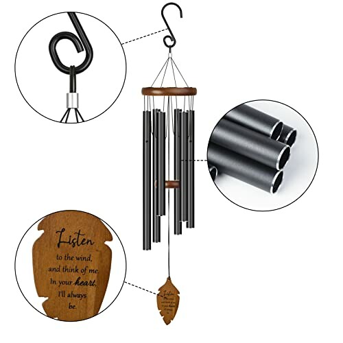 Memorial wind chime with engraved message and black metal tubes.