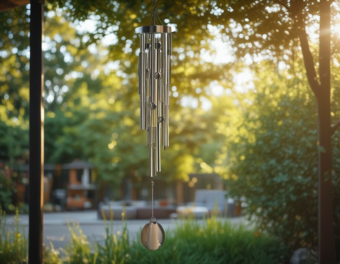 Metal wind chimes close up