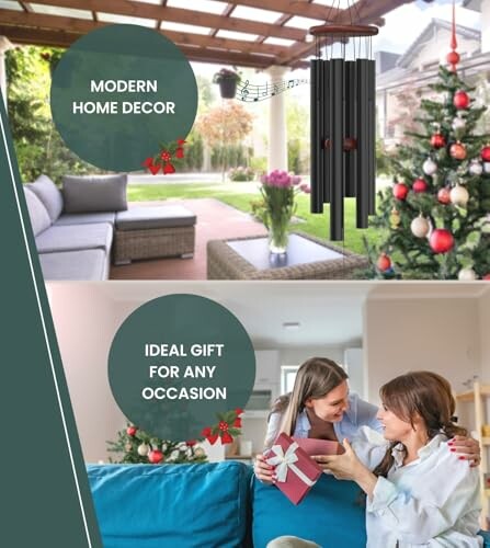 Outdoor Patio with Decor and Women Exchanging Gifts Indoors