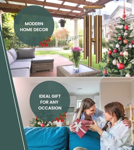 Composite image with modern home decor and gift-giving scene.