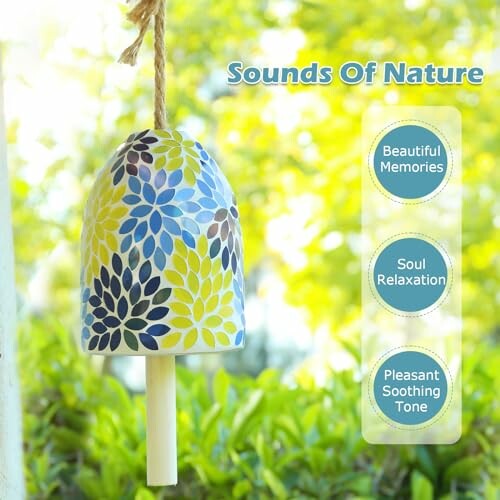 Colorful wind chime with nature sounds benefits.