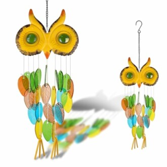 Colorful owl-shaped wind chime with glass leaves