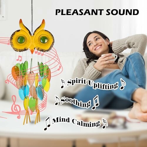 Woman relaxing with colorful owl wind chime and musical notes.