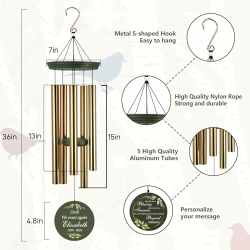 Illustration of a personalized memorial wind chime with metal hook and aluminum tubes.